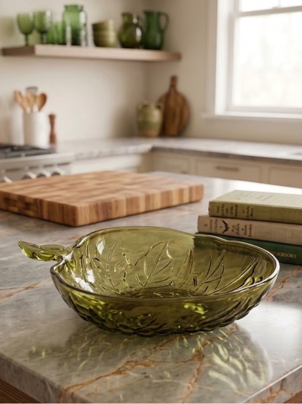 Vintage Indiana Glass Olive Green MCM Serving Dish